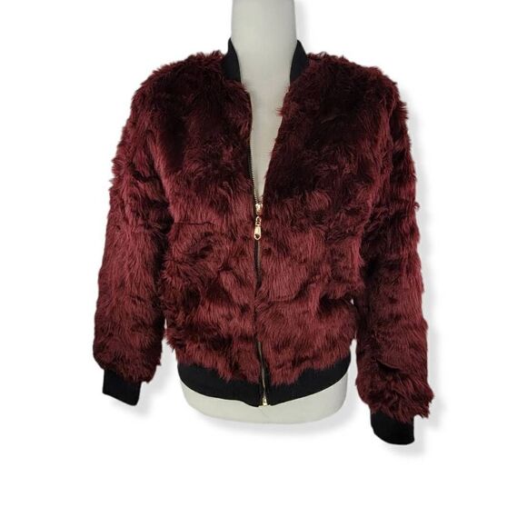 Say What Burgundy Faux Fur Jacket  Juniors Small - Picture 1 of 3